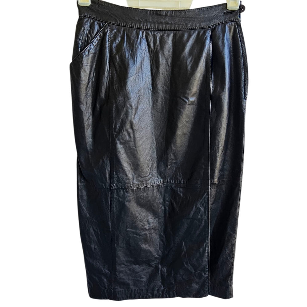 Vintage Italian Leather Brown Midi Pencil Skirt Women's Size S